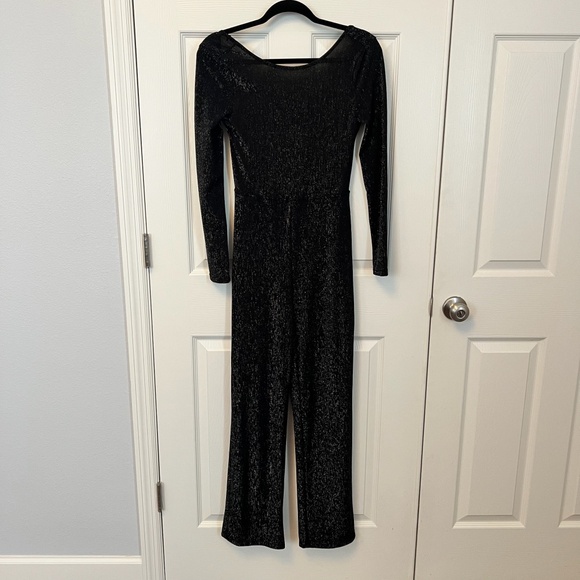 Shein Women's Black Sliver Stretch Sparkle Mesh Jumpsuit w Open Back Size S - Picture 1 of 6
